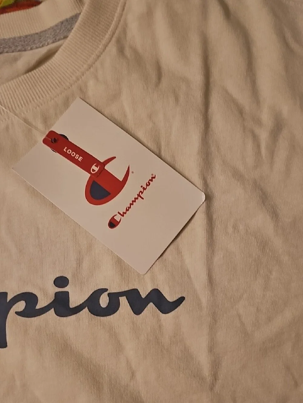Champion Cream Tee with Navy and Red Logo